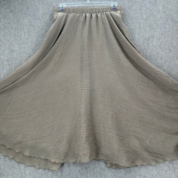 Peach Maxi Skirt XL Flare Taupe Brown Elastic Waist Pockets Lined Crinkle Gauze - Picture 3 of 11